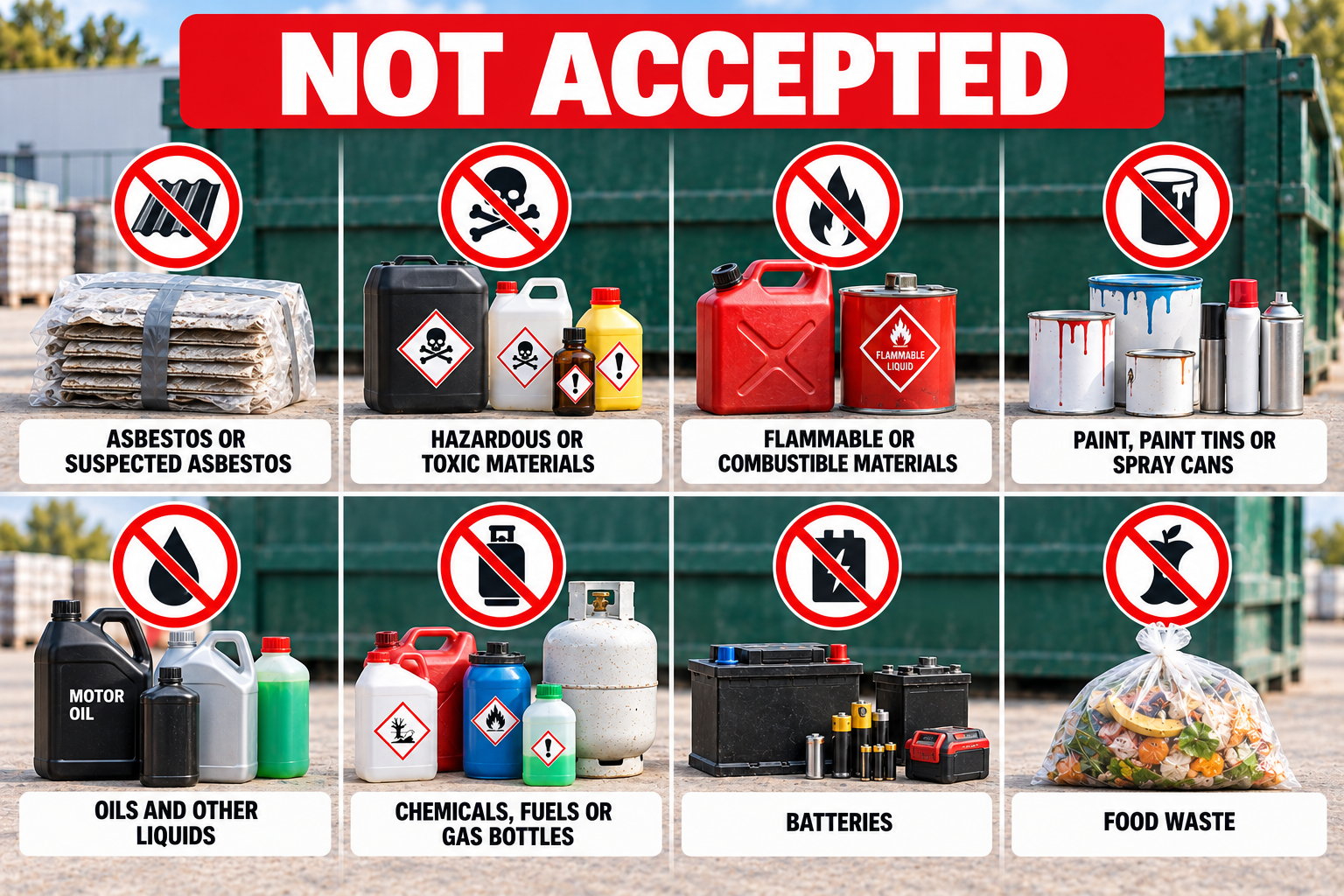Items not accepted in our skip bins - asbestos, chemicals, batteries, paint and food waste